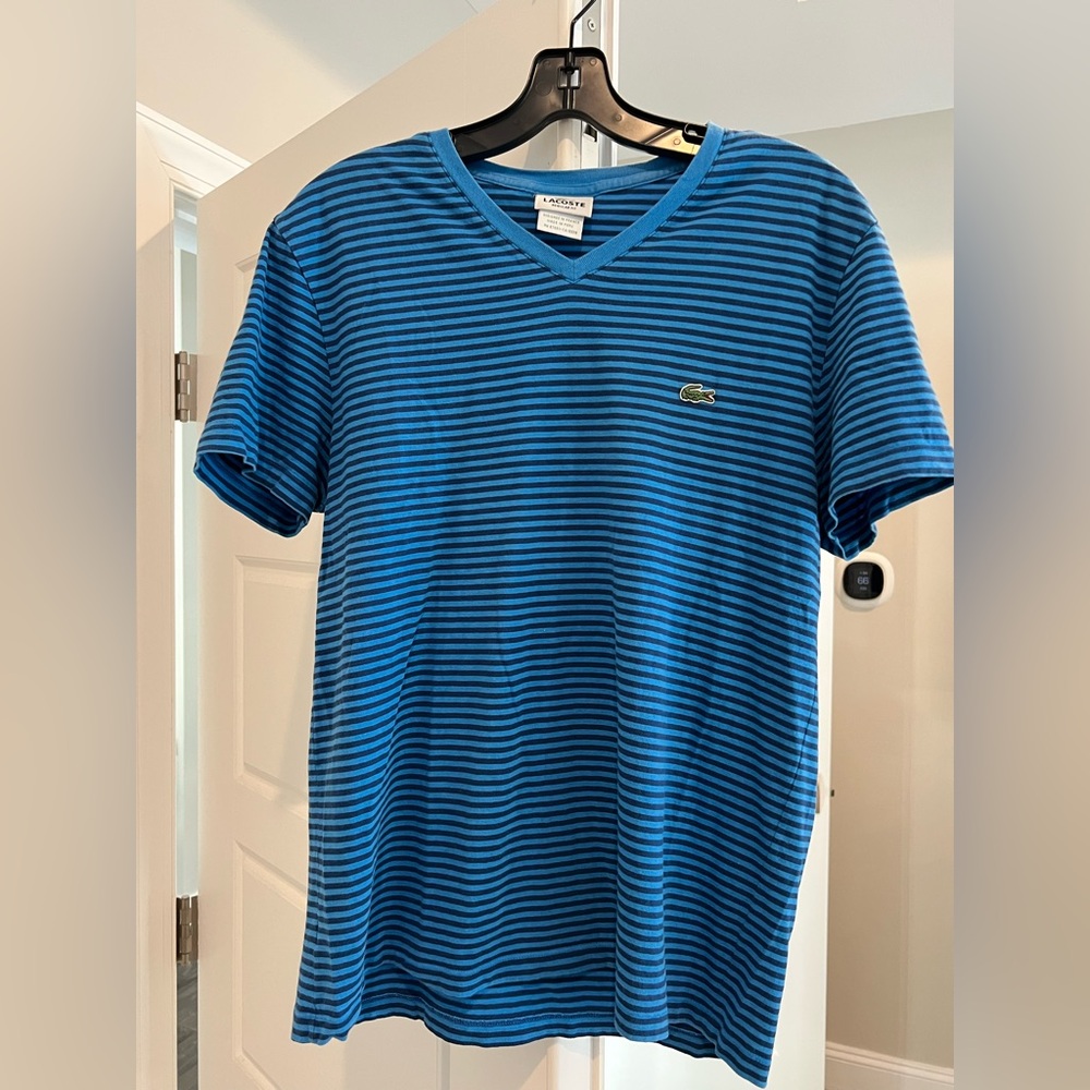 Lacoste Men's Blue Striped V-Neck Tee